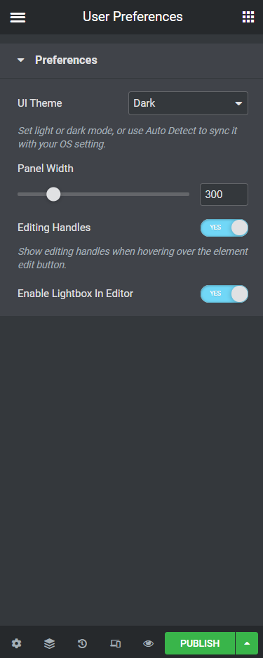 Elementor User Preferences Panel